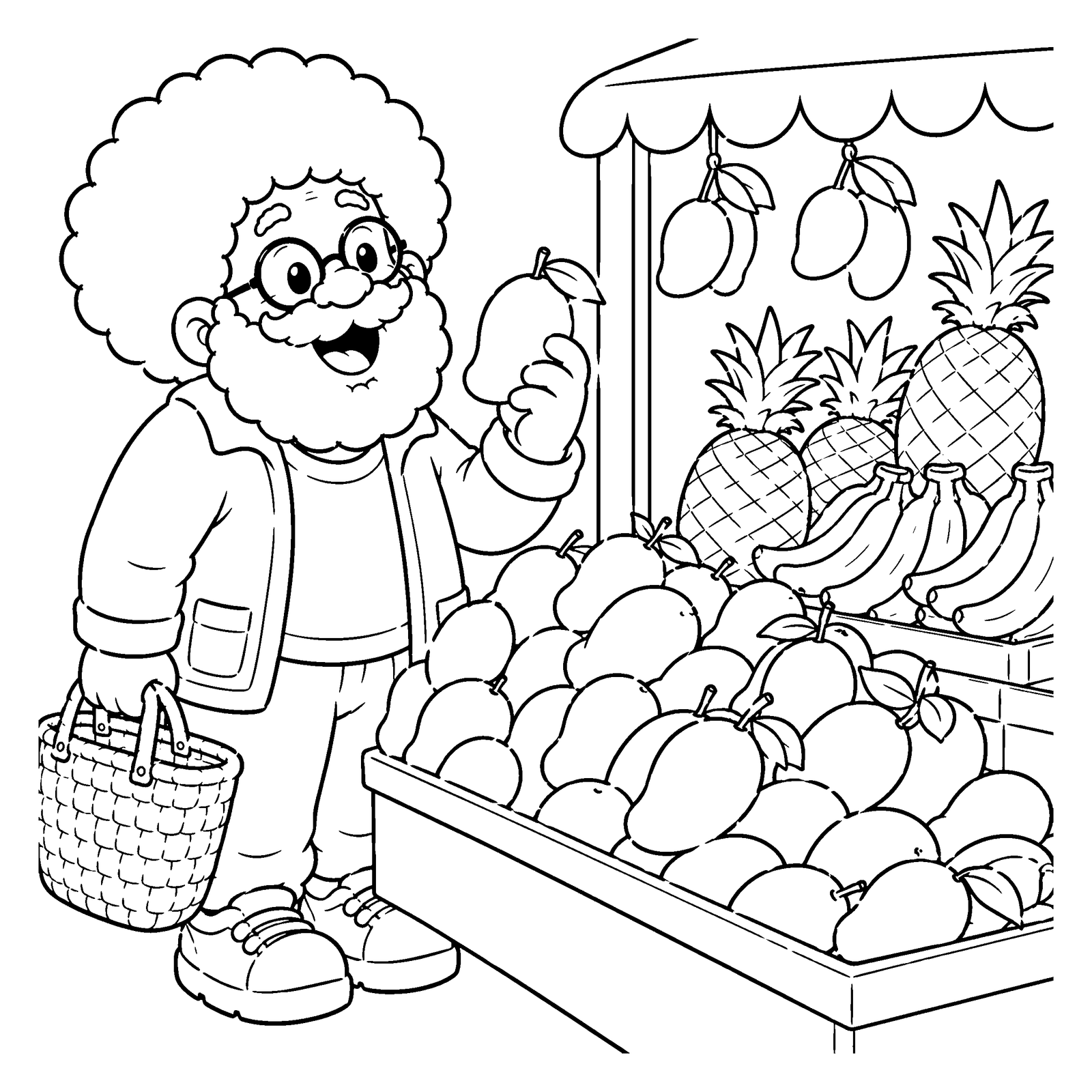 Line-art coloring page: LoLo Coco at a fruit stall in the palengke