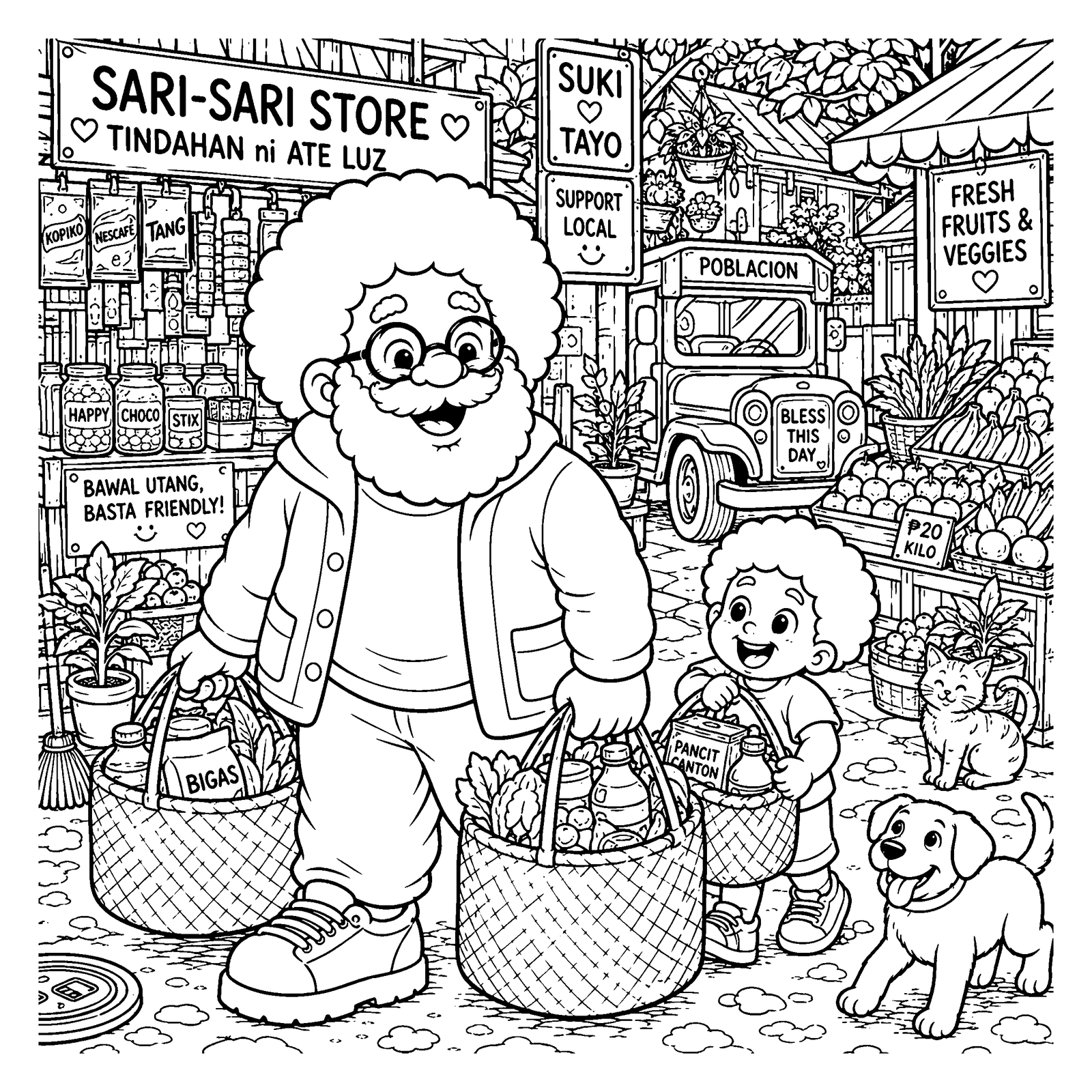 Line-art coloring page: LoLo Coco with baskets of vegetables